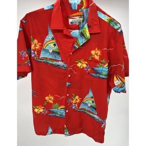 Vintage Shoreline Hawaii Shirt Made in Hawaii Red Sailboats Rainbows Palm Trees
